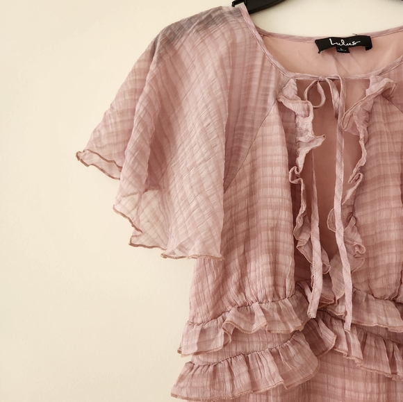 Lulus Dress Sweetest Delight Plaid Ruffle Short Sleeve Maxi Dress Pink Large - Picture 7 of 8